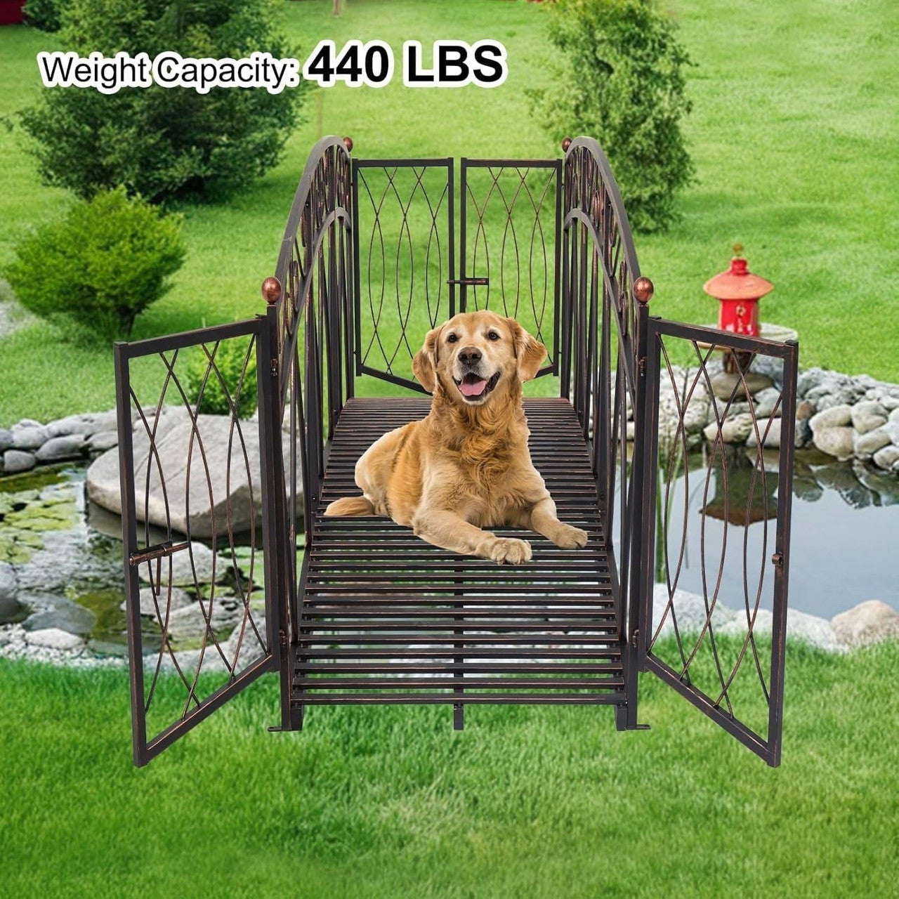 Outdoor Black Metal Arch 8-ft Garden Bridge with Safety Side Rails