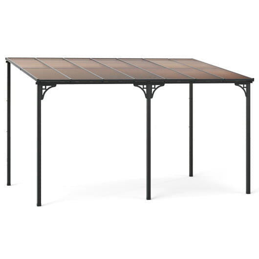 Wall-Mounted Patio Gazebo Large Outdoor Hardtop Pergola with Sloped Polycarbonate Roof-Black